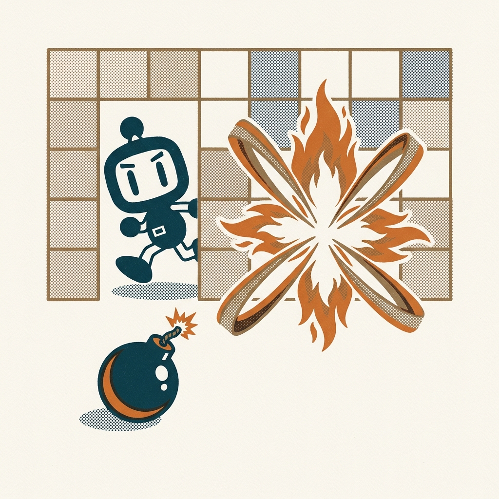 Five players, one TV, no CPU opponents allowed. Bomberman (PC Engine, 1990) invented the party game genre — and required a ro