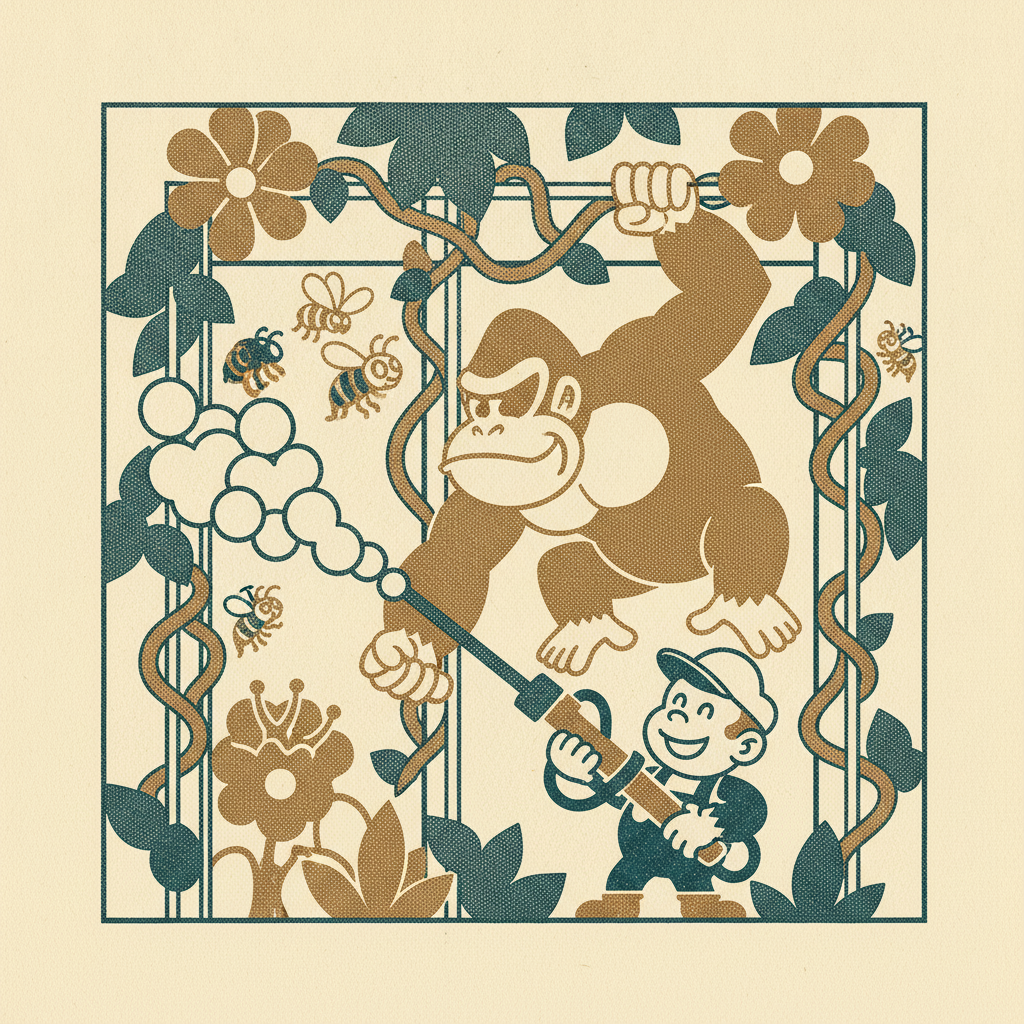 Donkey Kong 3 (1983) — the arcade trilogy's boldest, strangest turn: a bug-spray shooter starring Stanley, not Mario. History