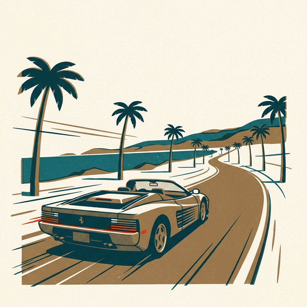 Yu Suzuki drove 200 km/h through four countries and built OutRun around that feeling. Mega Drive (1991) — no opponent, just r