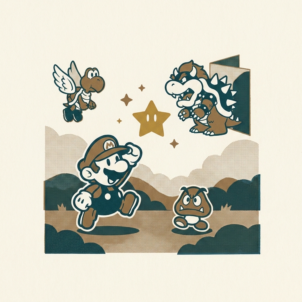 Started as Super Mario RPG 2 before Square left Nintendo. Paper Mario / マリオストーリー (2000, N64) spent 18 months finding its pape