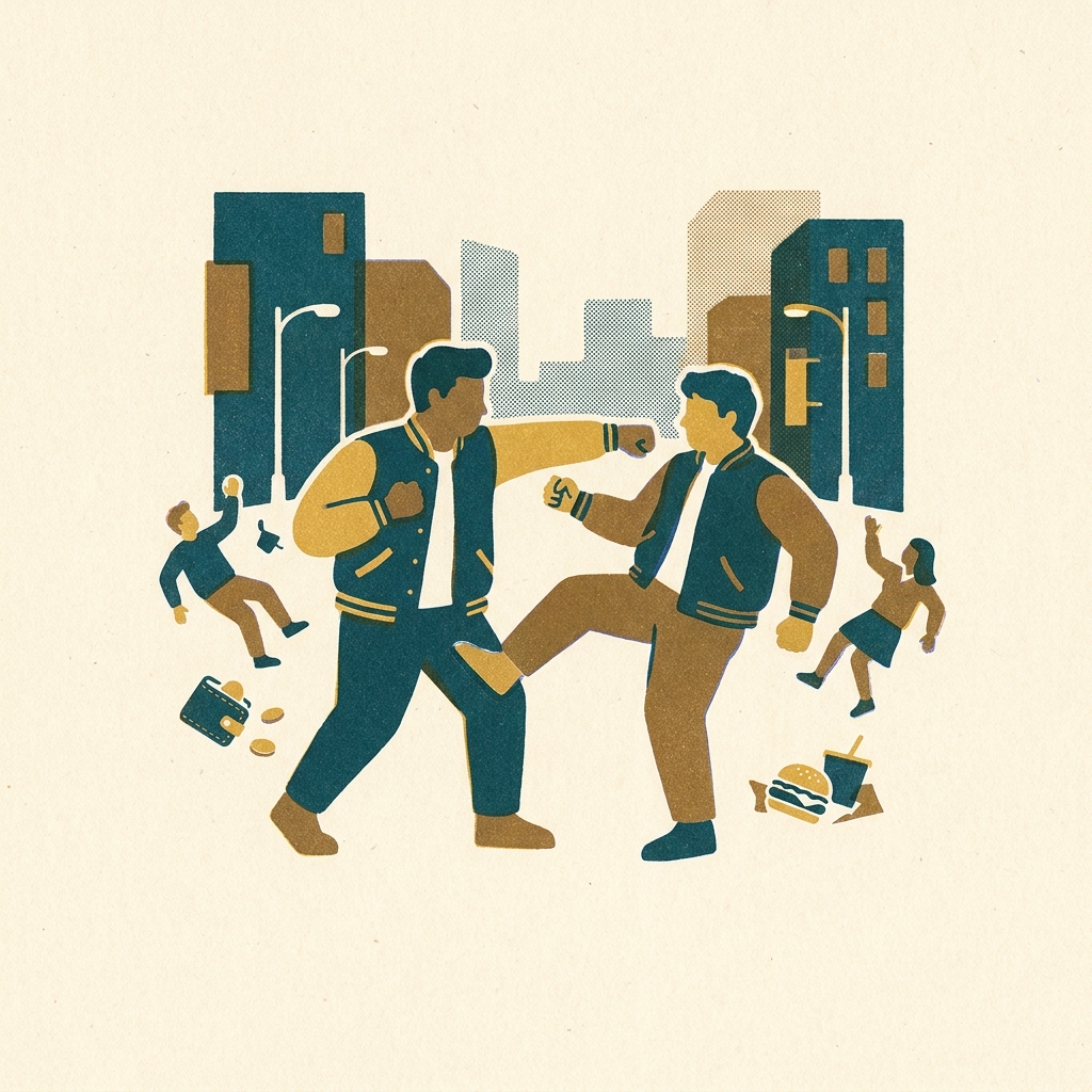 Spending dropped cash on books that teach combat moves — Downtown Nekketsu Monogatari (1989, Famicom) invented the brawler-RP