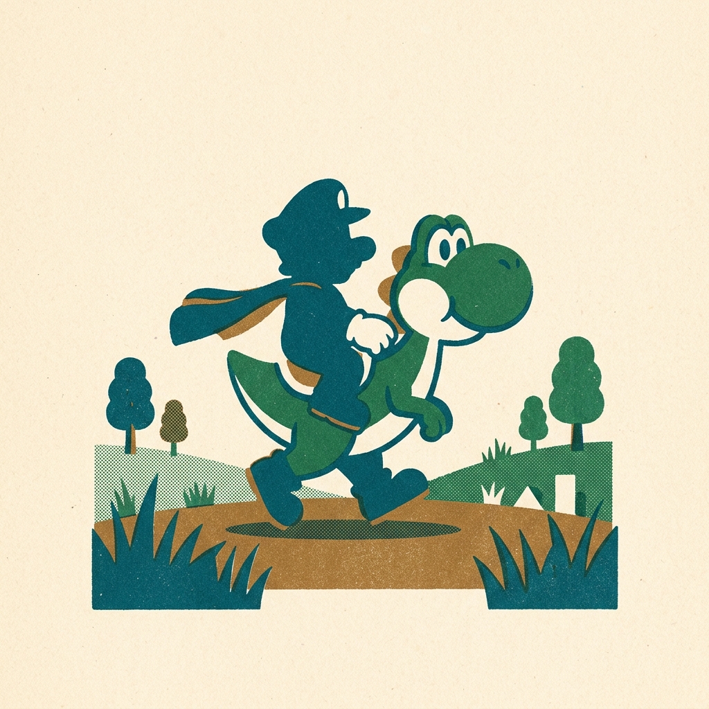 Miyamoto kept a Yoshi sketch taped to his desk for five years — the Famicom couldn't render him. Super Mario World (1990) lau