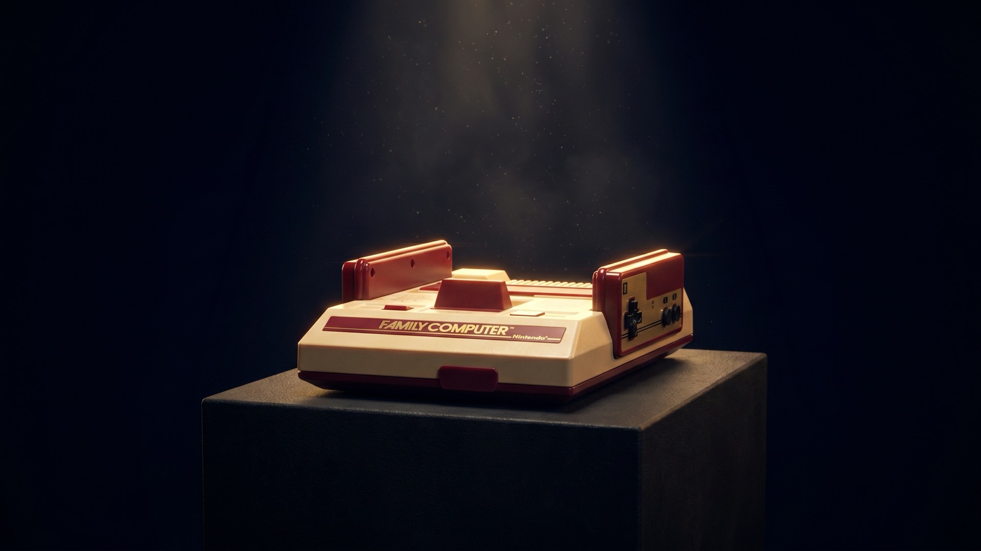 Nintendo Family Computer (Famicom / NES) HVC-001 displayed on a museum pedestal under a single spotlight in darkness — The Exhibit in the Dark